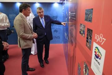 IAAF President Sebastian Coe and IOC President Thomas Bach visit the IAAF Heritage Exhibition in Doha