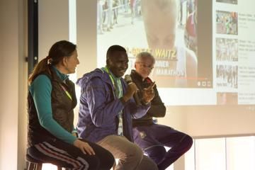 Former world cross country champions Lynn Jennings, Paul Tergat and John Treacy during a presentation for primary school students from the Aby Skole school in Aarhus, Denmark