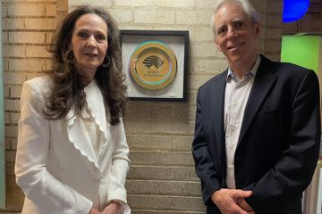 Armory Foundation Co-Presidents Rita Finkel and Jonathan Schindel with Millrose Games Heritage Plaque, Armory, New York