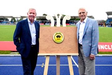 Brendan Foster and Peter Lovesey with Emil Voigt's World Athletics Heritage Plaque