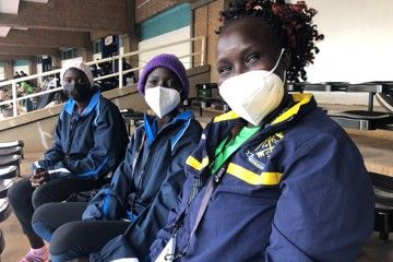 Emmaculate Napeyok, Alice Samuel and ART matron Eliza Lopilale at Nairobi's Kasarani Stadium