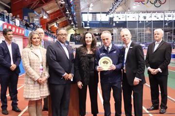 WA Heritage Plaque awarded to NYRR Millrose Games and Wanamaker Mile: Armory Foundation Co-Presidents Rita Finkel and Jonathan Schindel and NYRR CEO Michael Capiraso accepted the award from USATF CEO Max Siegel and USATF COO Renee Washington.